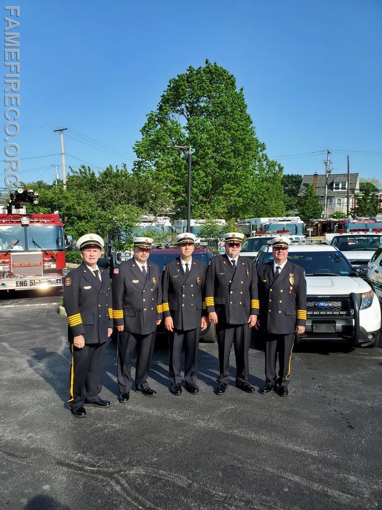 Fame's past WCFD Department Chiefs. (L to R) Kevin Corcoran (1998-1999), Mike McDonald (2015-2017), Mark McCarthy (2006-2008), Bob Brice, Sr. (1983-1986), and Jim Higgins (1991-1993)