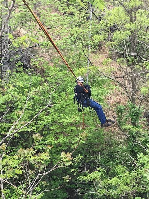 FF Drew Ring is the center of attention during recent rope rescue training on twin-tensioned, two-rope offset drill.