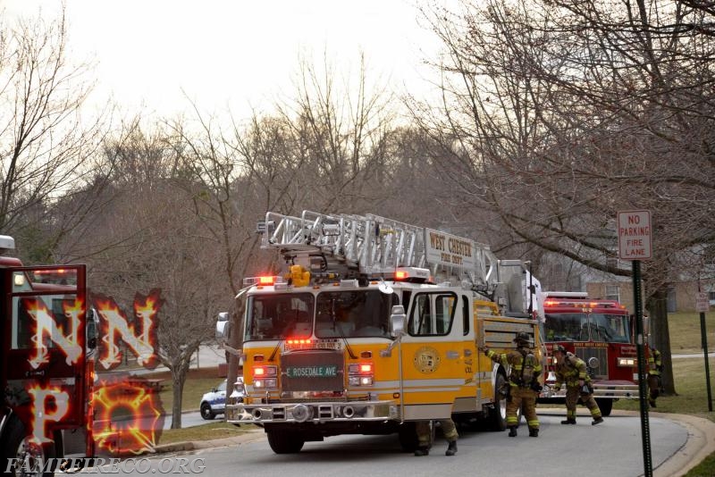 Ladder 53 arrives on scene at Exton 2nd Alarm townhouse fire. April 2015