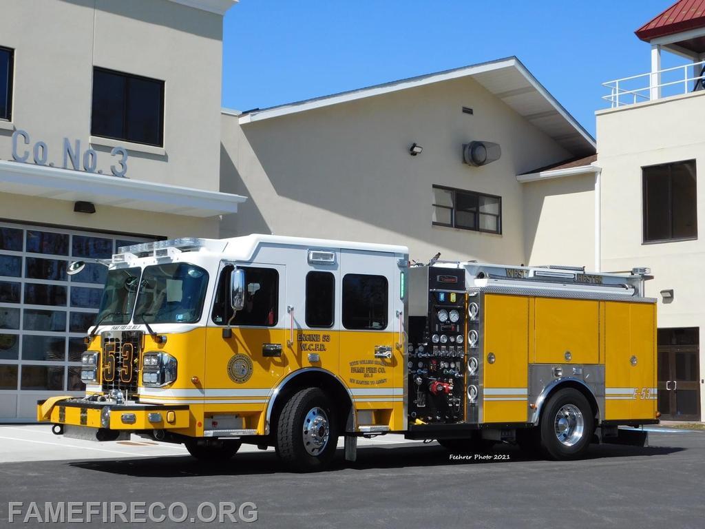 Engine 53 is a 2021 Custom Fire Apparatus pumper on a Spartan Metro chassis. Powered by a Cummins ISX15 diesel. Pump capacity of 2250 gpm, 750 gallons of water and 30 gallons of Class B foam concentrate. 1500’ of 5” supply line. 600’ of 3”, (1) 150’ of 1-1/2” bumper line, (2) 200’ 1-3/4” crosslays, (1) 300’ 1-3/4”  and (1) 200’  2-1/2” off of the rear, and 200’ of 1-3/4” high-rise pack. Basic engine company tools. It responds second out to building fires and first out to single company calls. This truck replaced a 2001 Saulsbury pumper. Photo by Df Apparatus Photos.