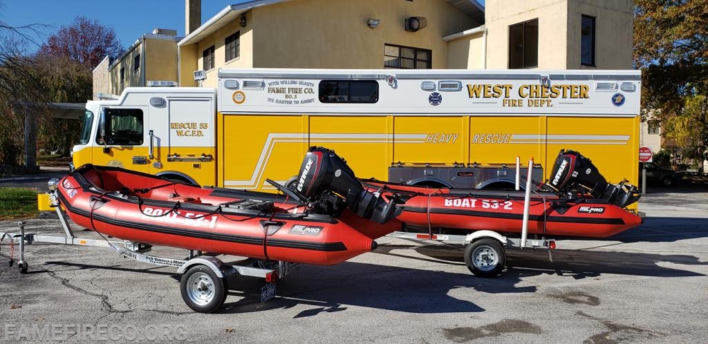 Boat 53-1 and Boat 53-2 are 14' Zodiac MIL-PRO MK-II Grand Raid inflatable rescue boats. Each one is powered by an Evinrude ETec 30 horse power outboard motor and is towed on a Load Right trailer. Each boat's equipment complement complies with PA Fish and Boat Commission, PA State Fire Commissioners Office and Pennsylvania Emergency Management Agency standards as a Type 2A Swiftwater Rescue Team (the only one in Chester County).