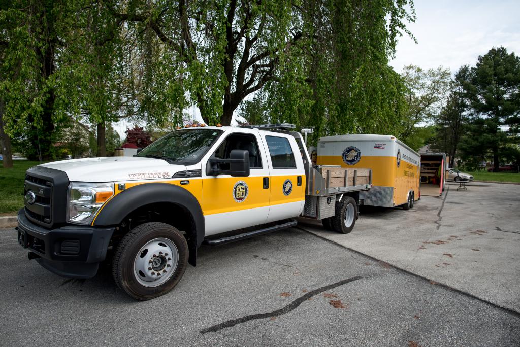 Utility 53-2 prepares to tow Trench 53.

Photo by Gary Nevitt Photography